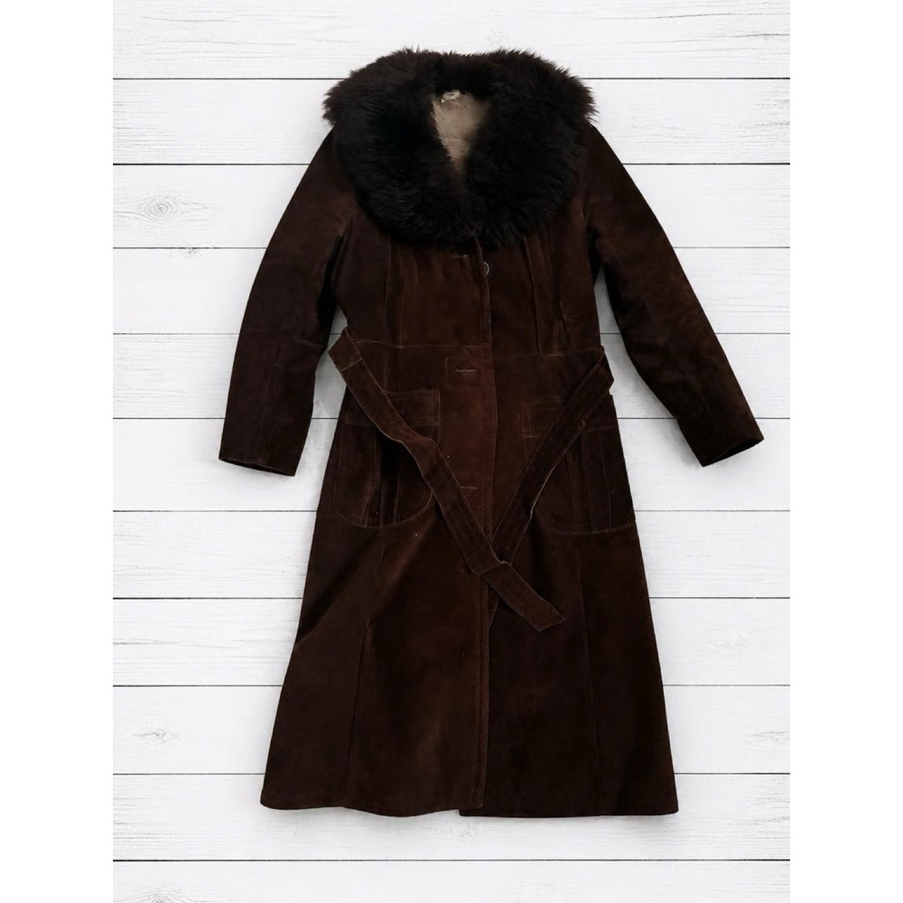 Vintage Brown Penny Lane Suede Trench Coat Faux Fur Collar Boho 70s Jacket XS S